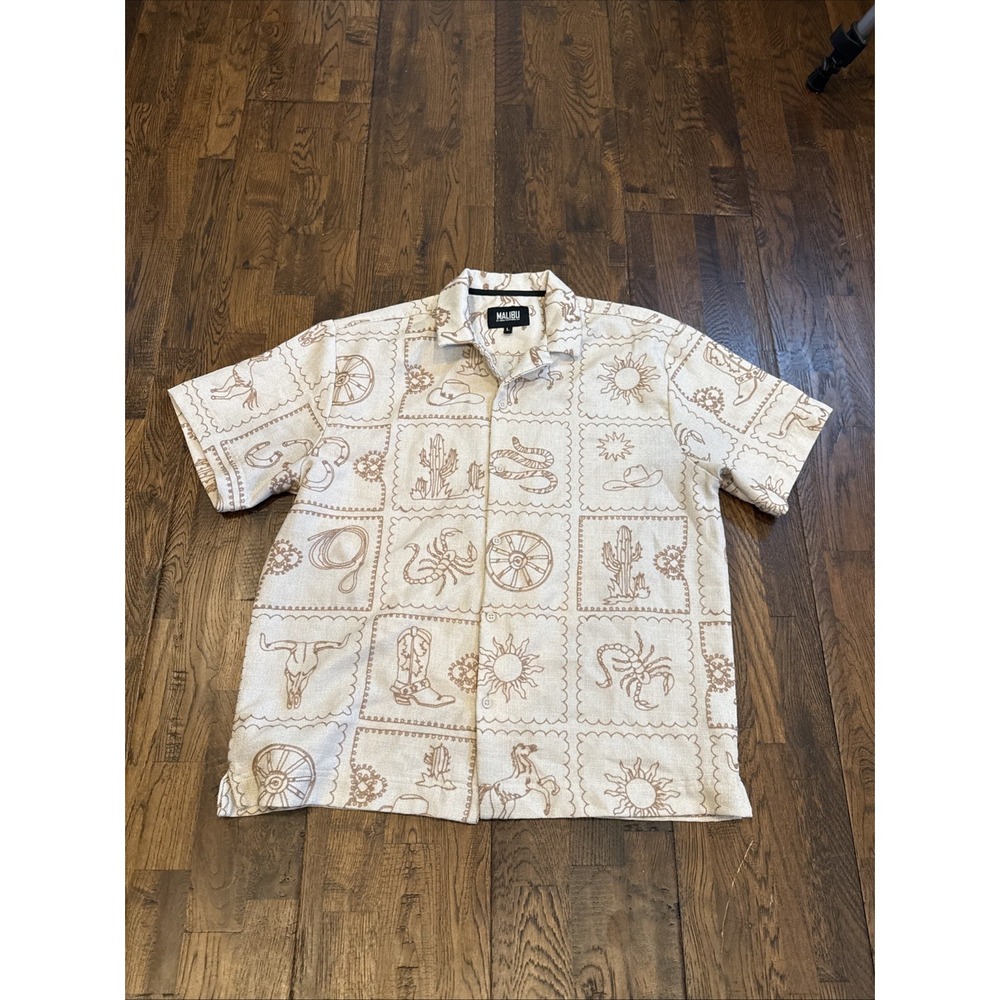 Malibu by Drill Clothing Co Arizona Western Graphic Button Up Shirt Beige Mens L